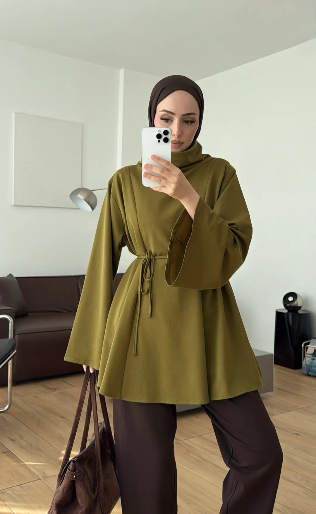 Bel Bağlamalı Dik Yaka Tunik Olive
