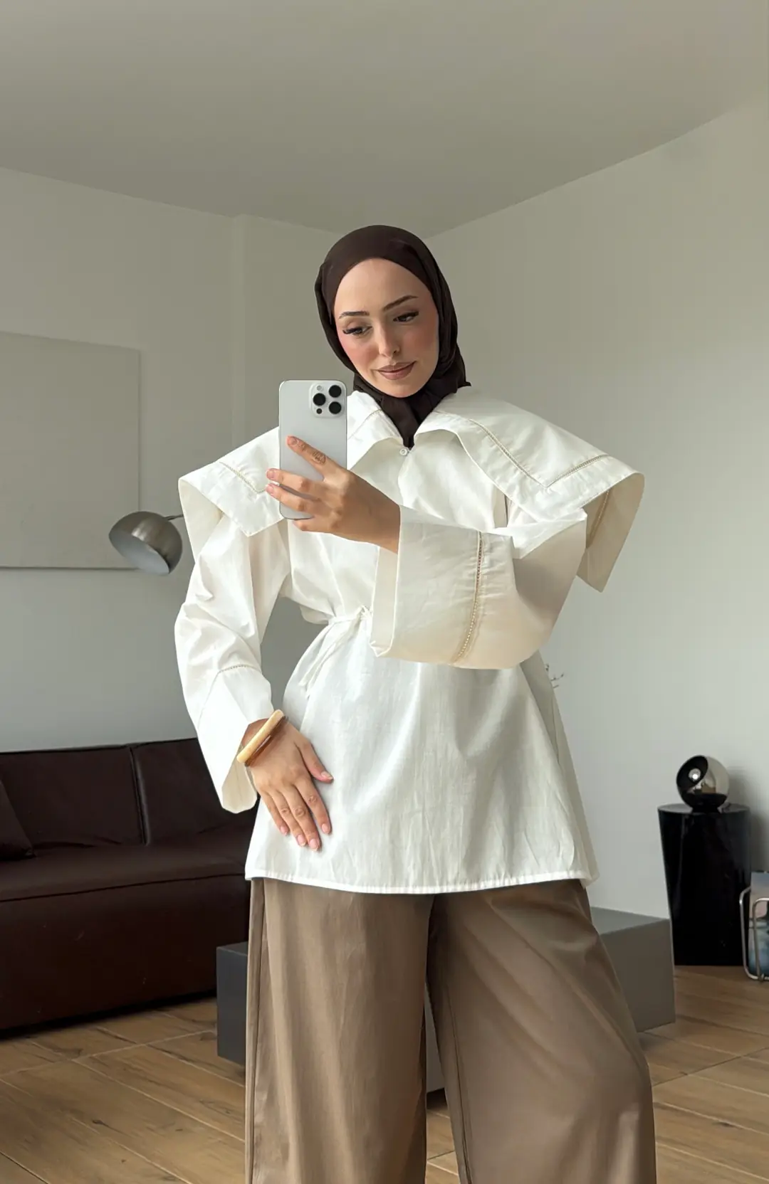 Biye Bağcıklı Dantelli Tunik Beyaz