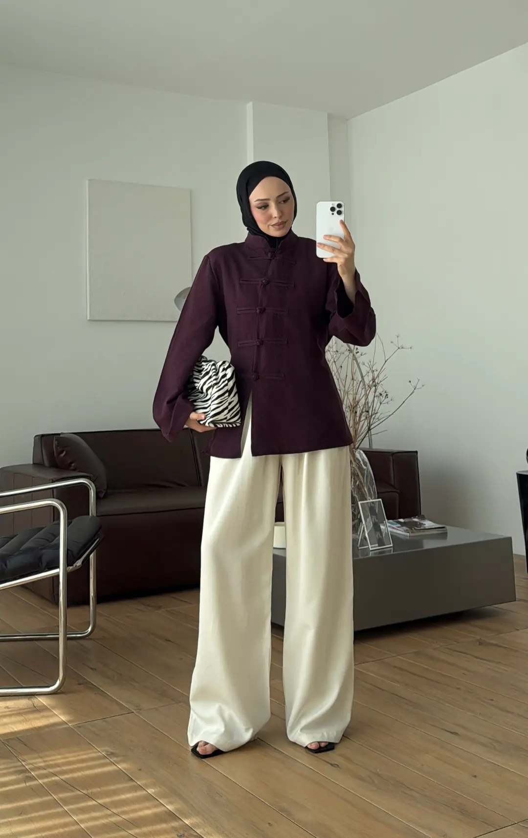 Süslü Düğmeli Keten Bluz Bordo