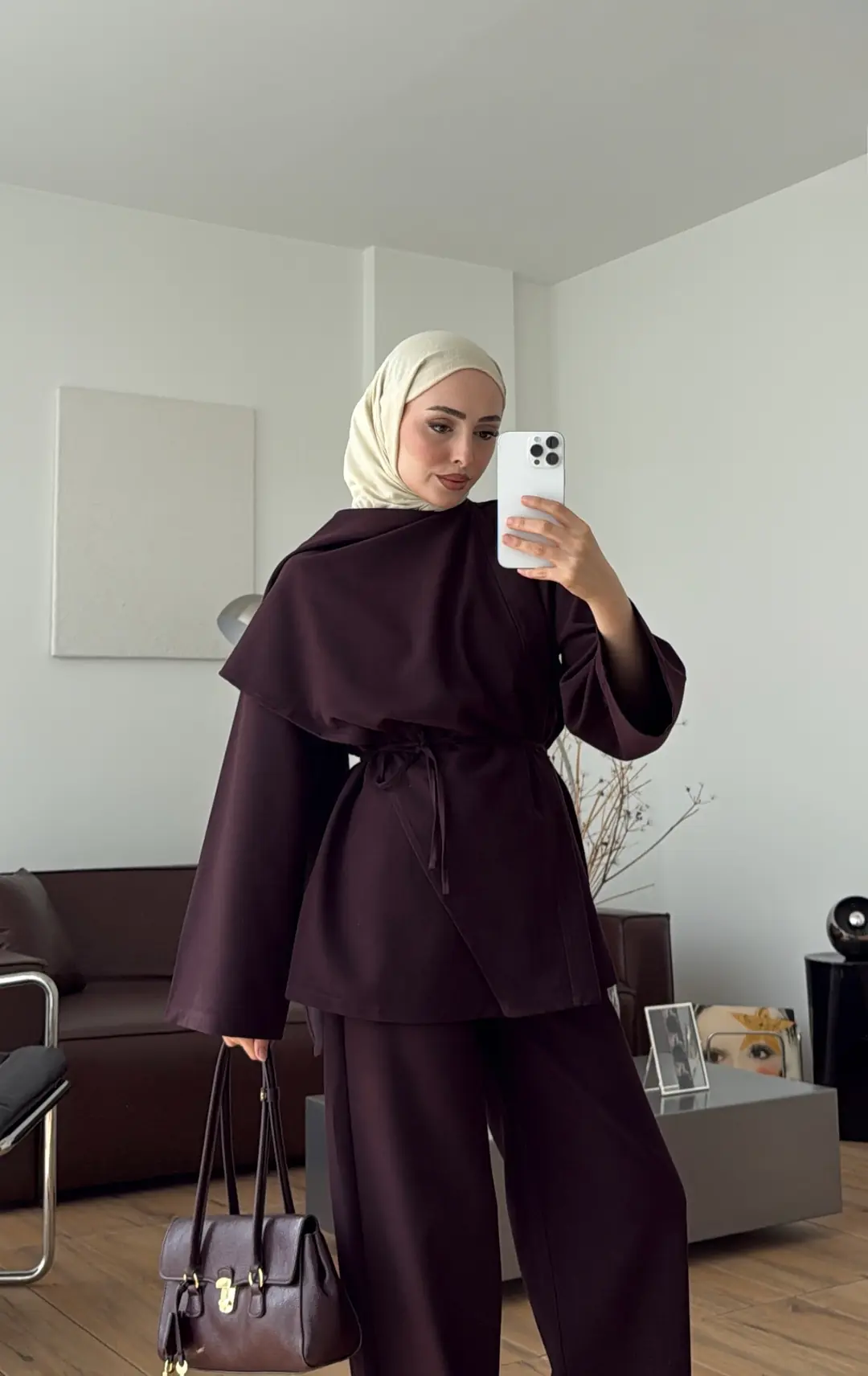 Şal Detay Bluz Pantolon Takım Mürdüm