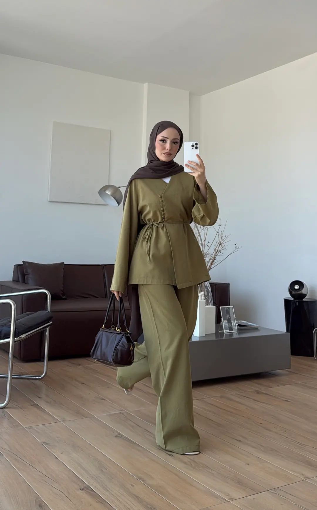 Sık Düğmeli Keten Takım Olive