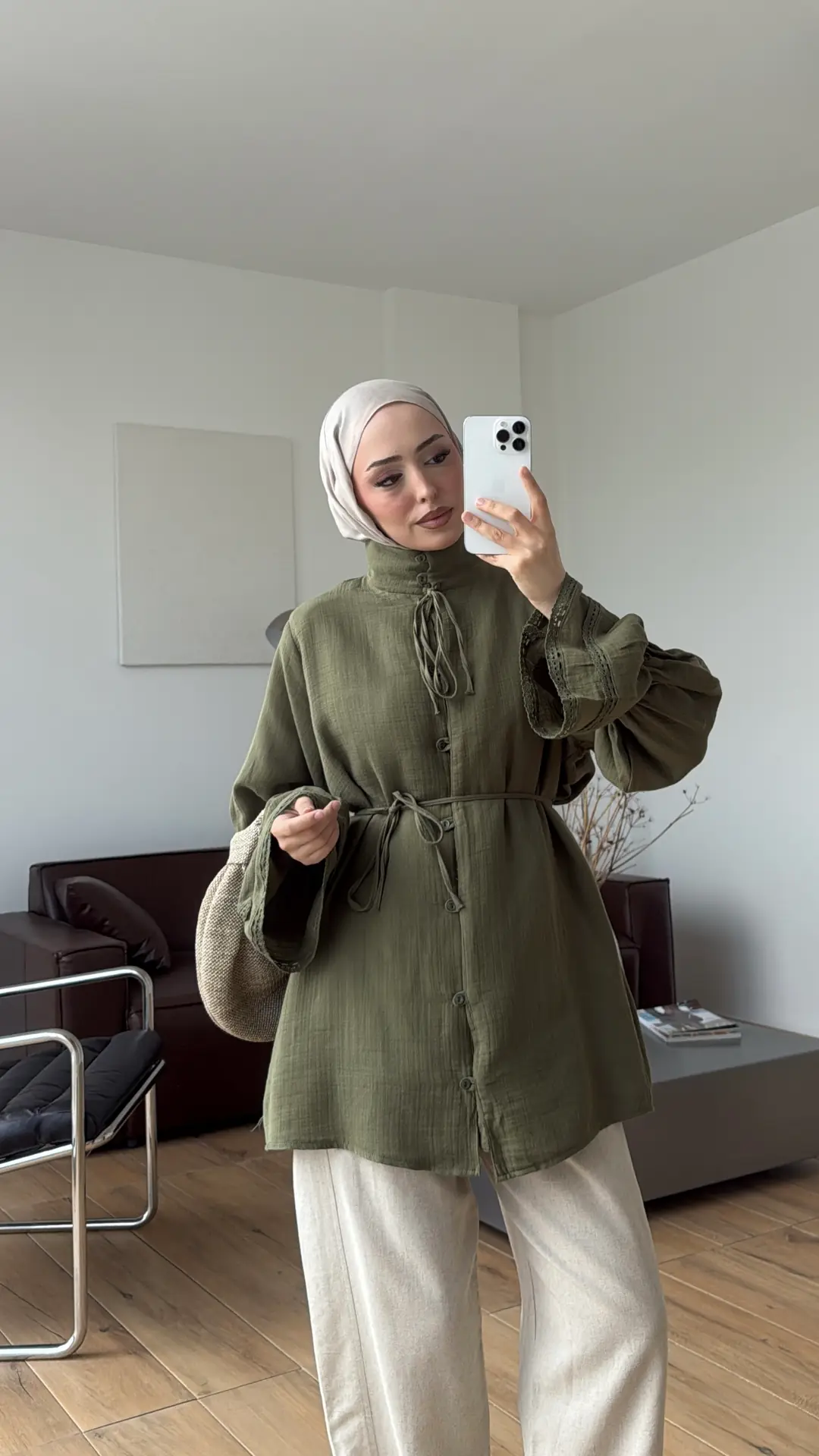 Hakim Yaka Kol Detay Müslin Gömlek Haki