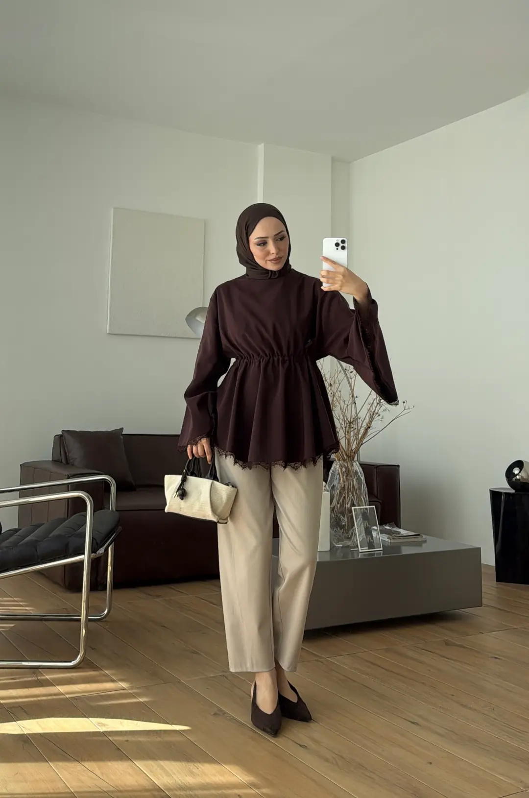 Lace Bel Detay Tunik Kahve