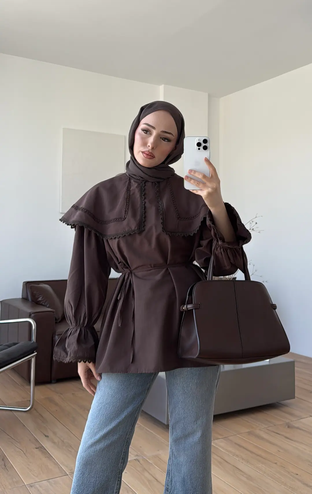 Bebe Yaka Dantel Geçişli Gömlek Kahve