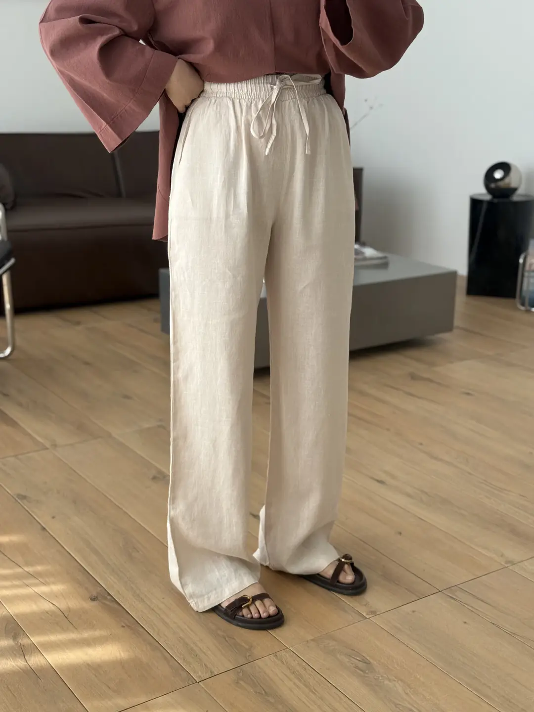 Tam Boy Keten Pantolon Taş