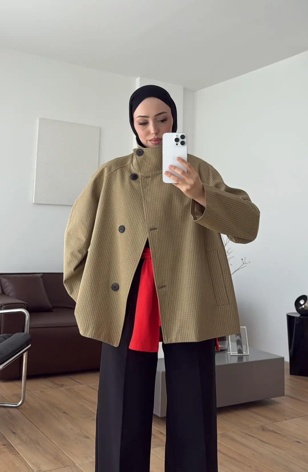 Ekose Düğme Detay Trenc Hardal