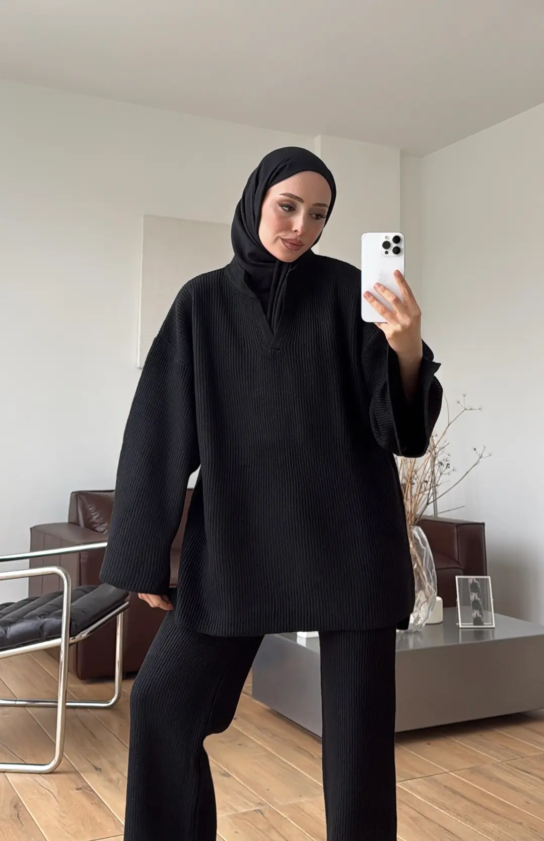 Polo Yaka Tok Kumaş Triko Takım Siyah