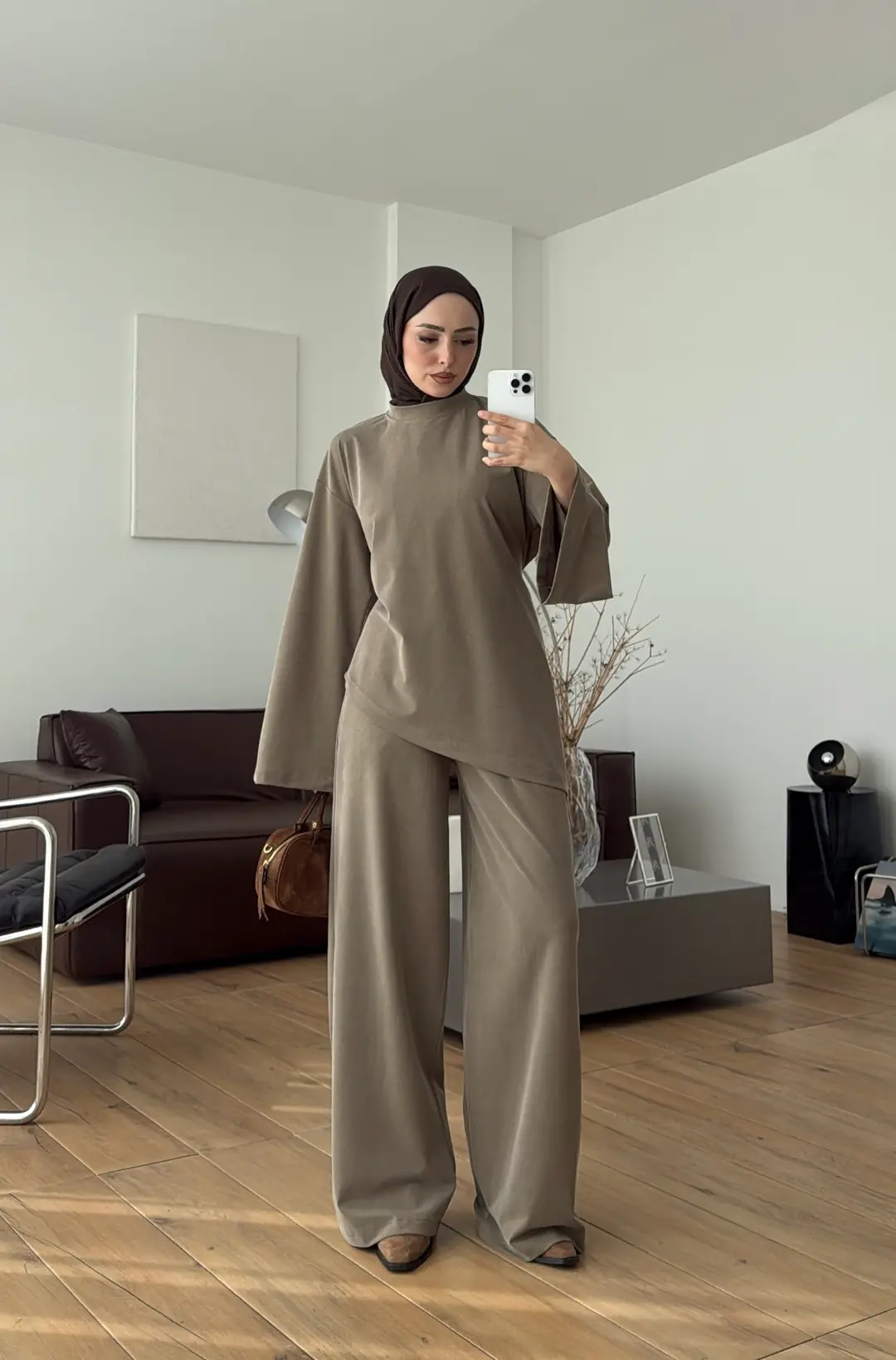 Asimetrik Bluzlu Yıkamalı Takım Haki