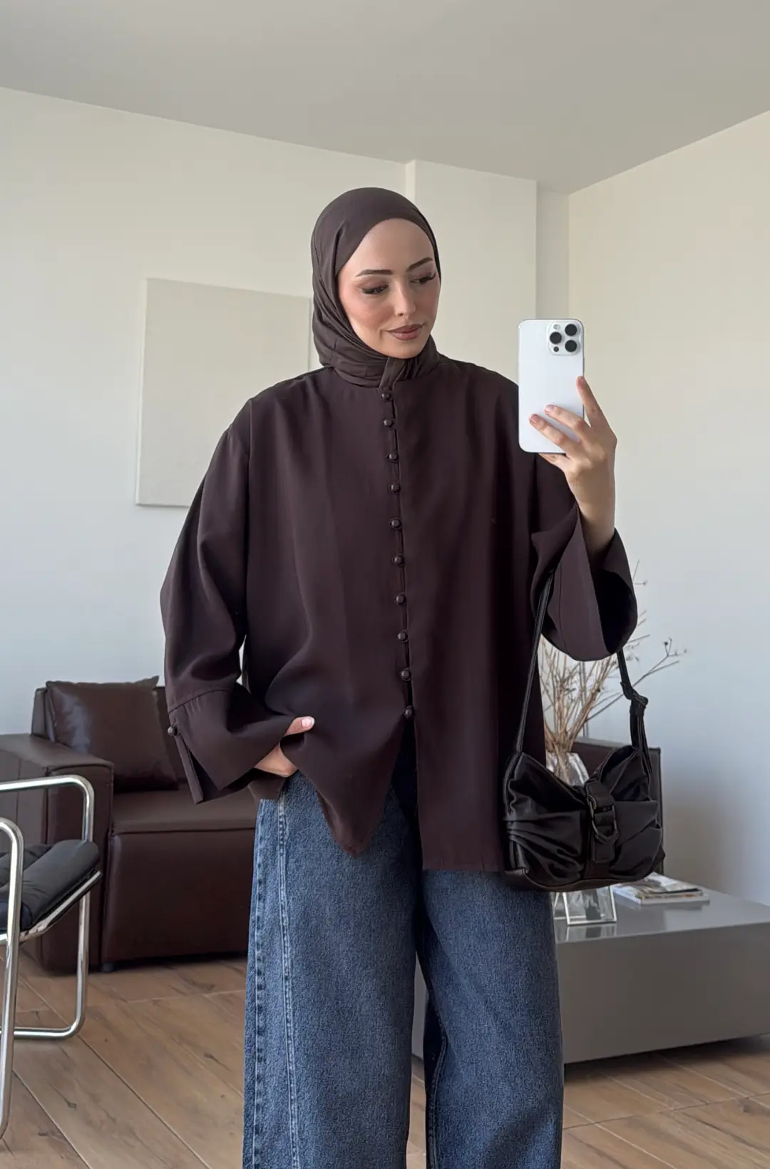 Top Düğmeli Modal Bluz Kahve