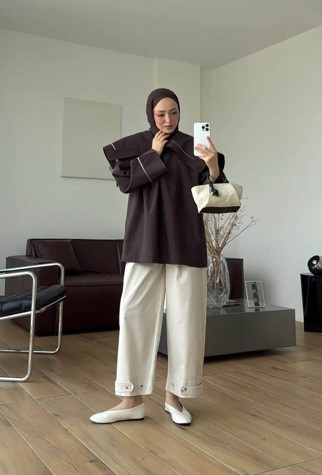 Biye Bağcıklı Dantelli Tunik Kahve
