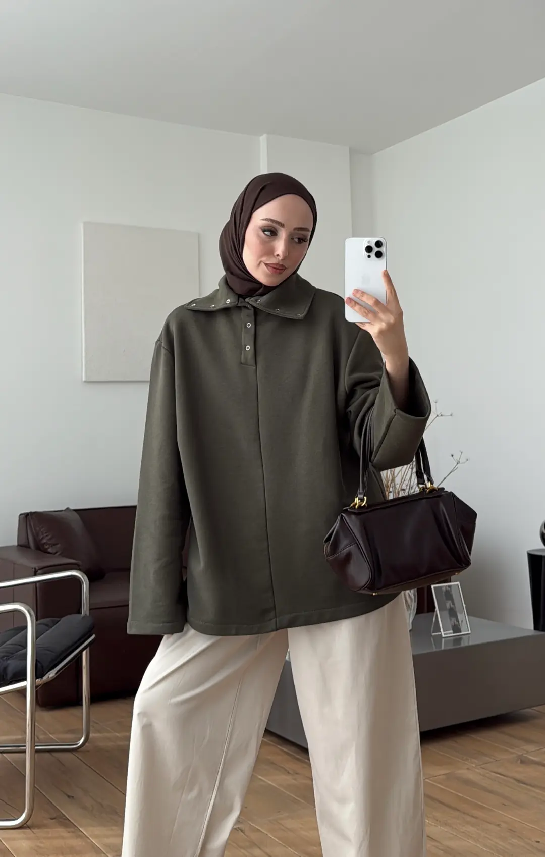 Yakalı Çıtçıt Detay Sweat Haki