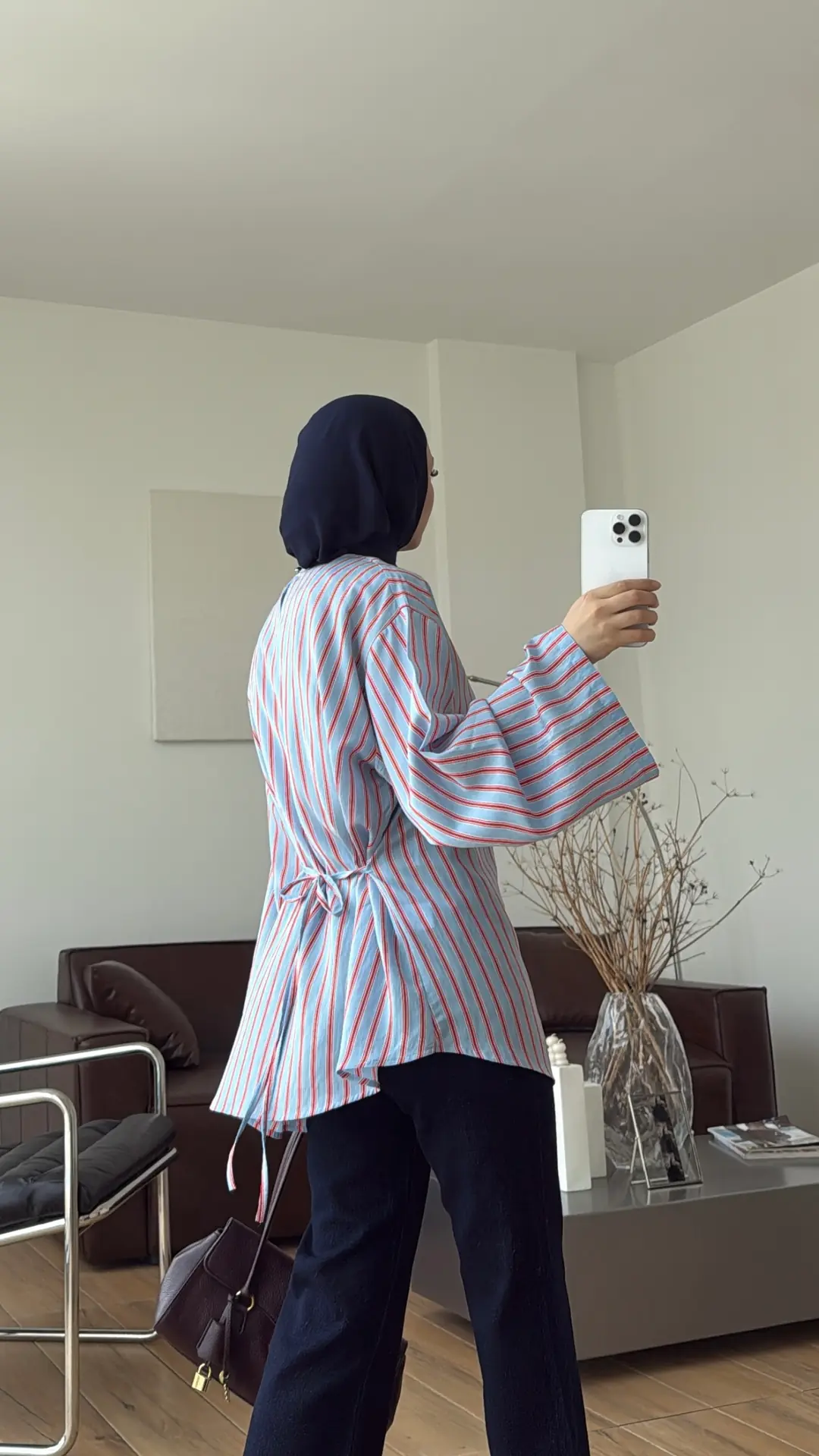 Çizgili Arkadan Bagcıklı Tunik Mavi