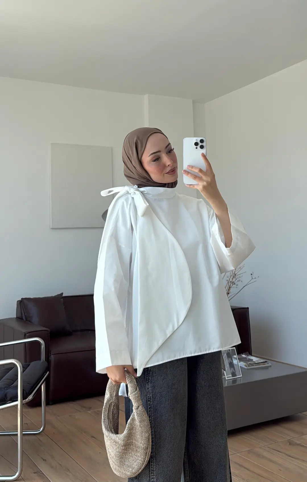Fiyonk Detay Poplin Bluz Beyaz
