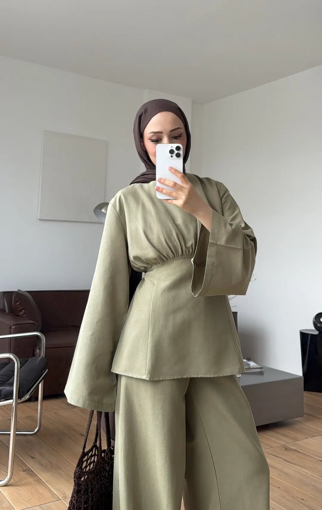 Bluzlu Pera Keten Takım Çağla Yeşili