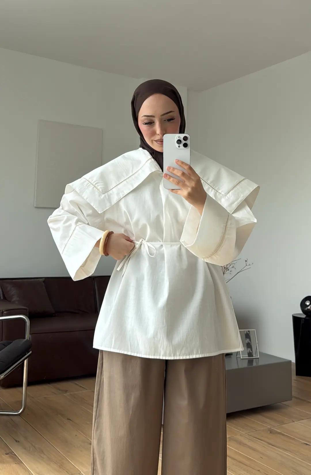 Biye Bağcıklı Dantelli Tunik Beyaz