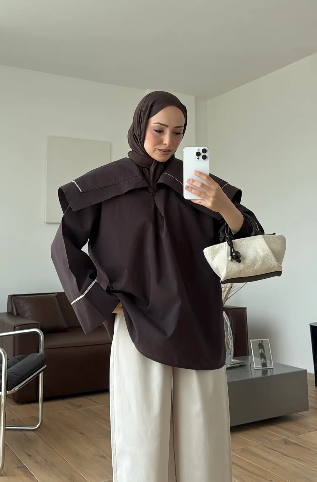 Biye Bağcıklı Dantelli Tunik Kahve