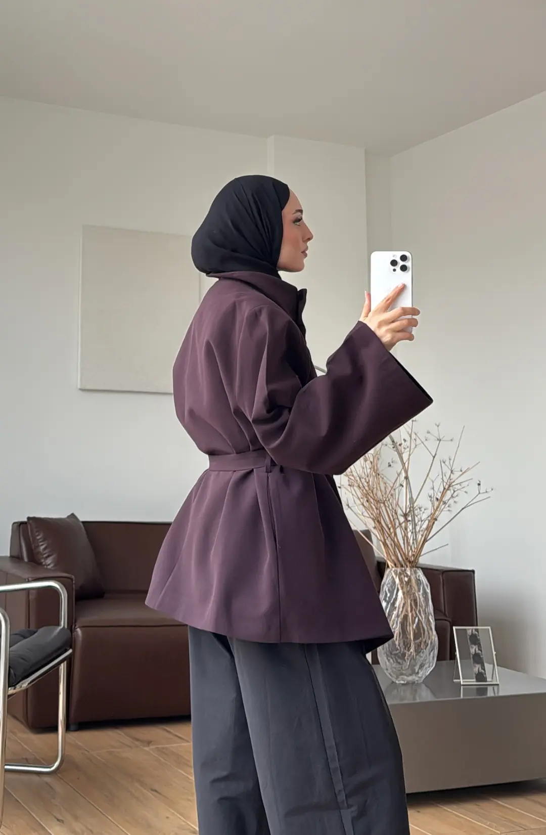 Geniş Kol Kuşaklı Ceket Mürdüm