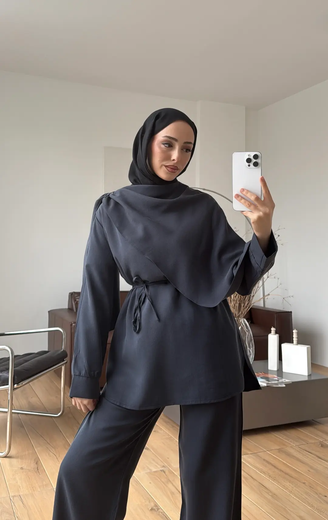 Drape Yaka Bluz Takım Petrol