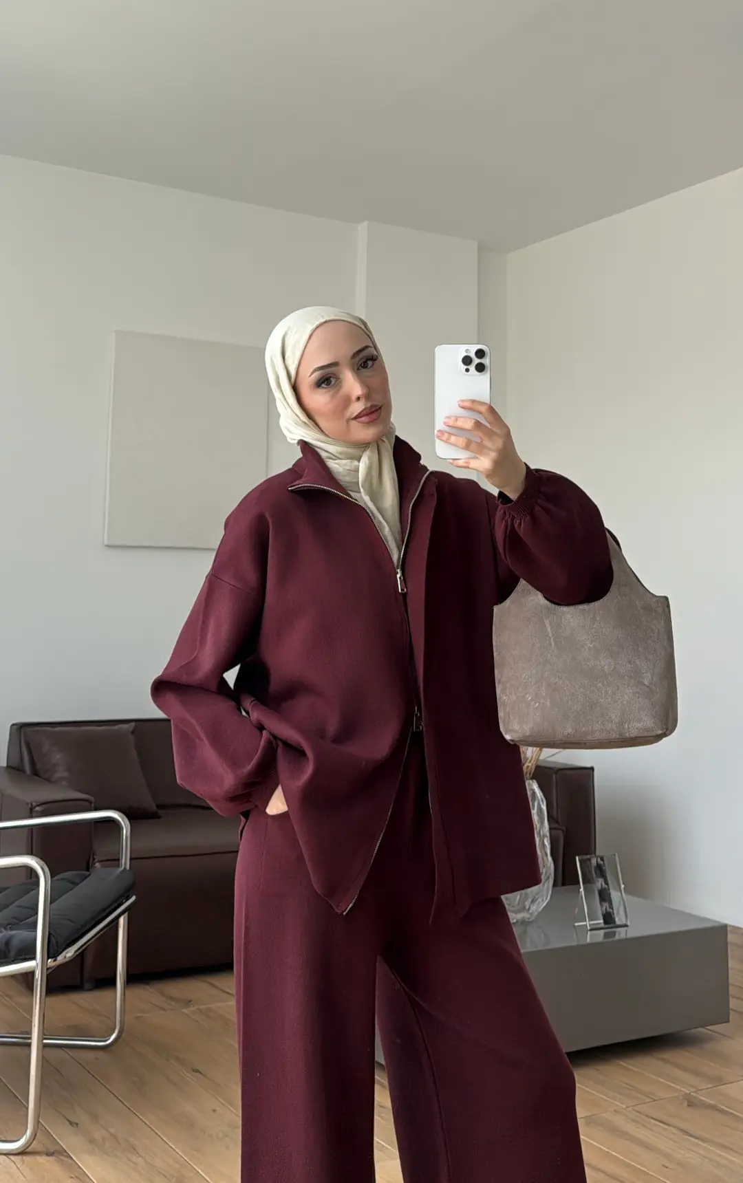 Çift Fermuarlı Tok Kumaş Triko Takım Bordo