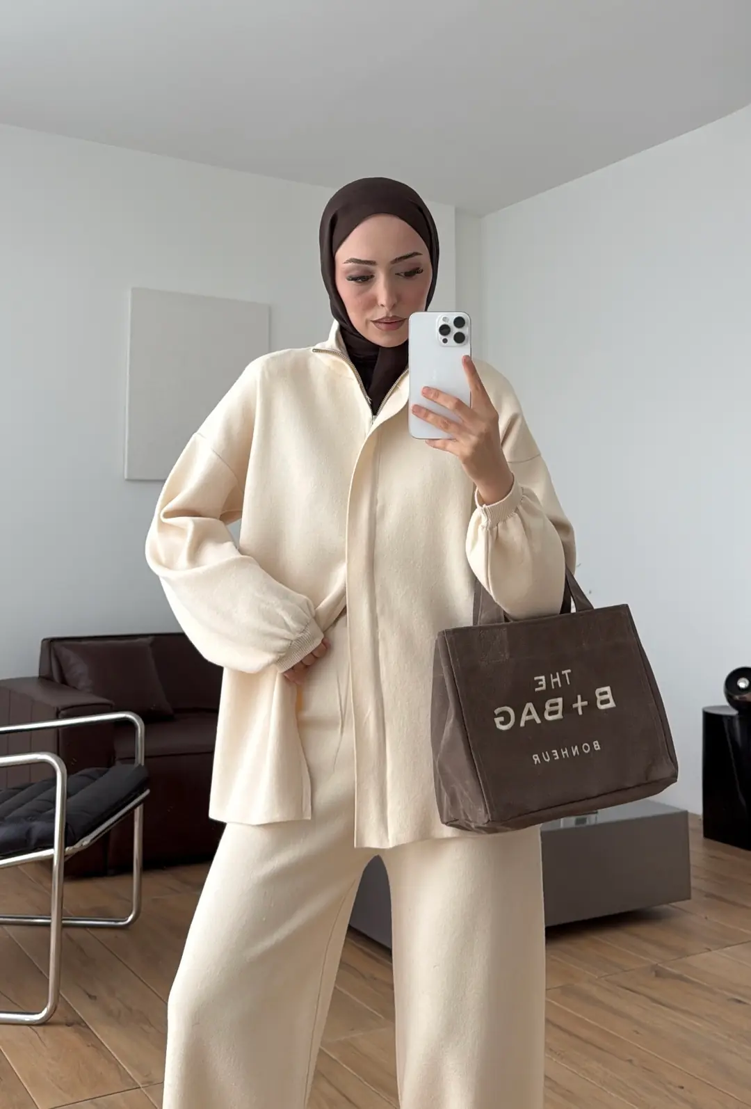 Çift Fermuarlı Tok Kumaş Triko Takım Krem