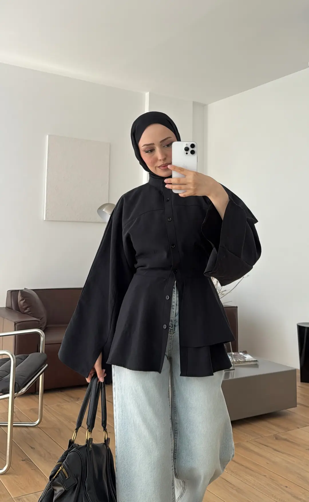 Parçalı Geniş Kol Bluz Siyah
