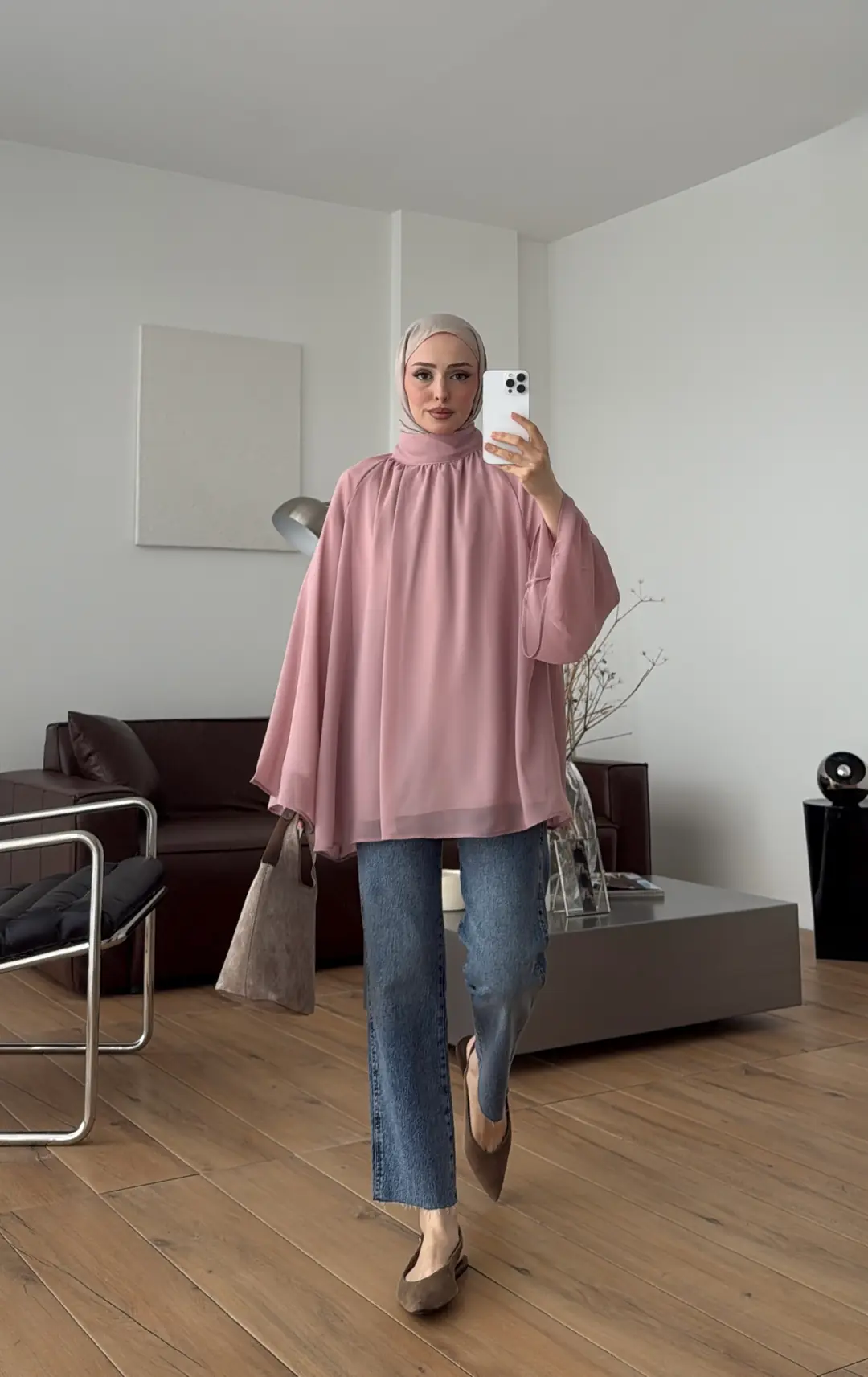 Şifon Dökümlü Bluz Krem Pudra