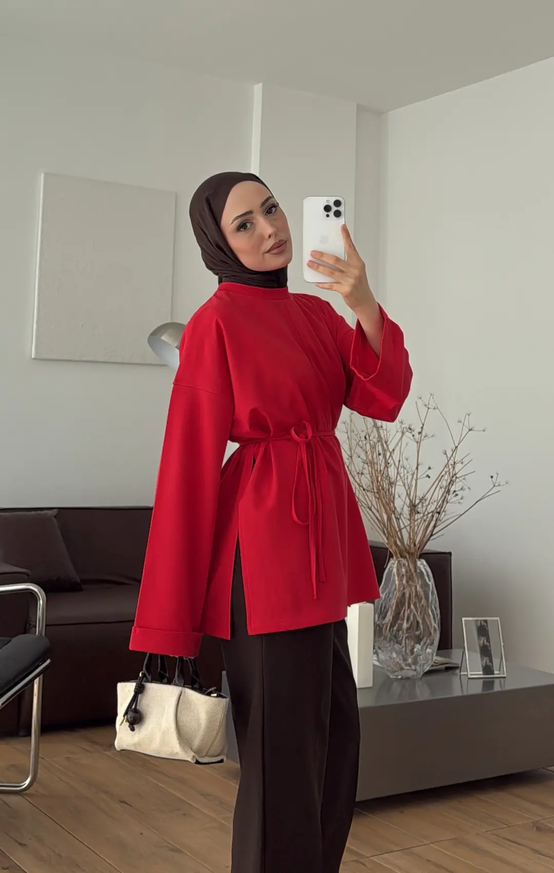 Bağlamalı Yanı Yırtmaç Detay Sweatshırt Kırmızı