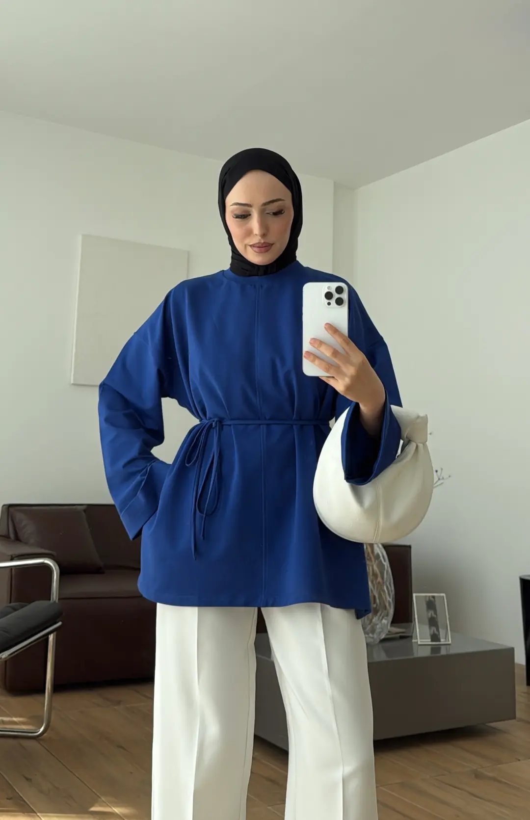 Bağlamalı Yanı Yırtmaç Detay Sweatshırt Saks