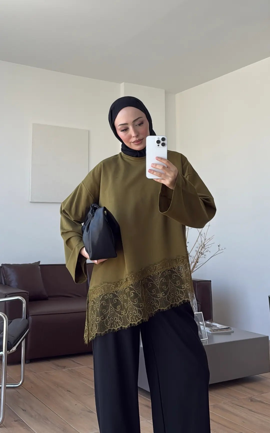 Eteği Dantel Detay Sweat Olive