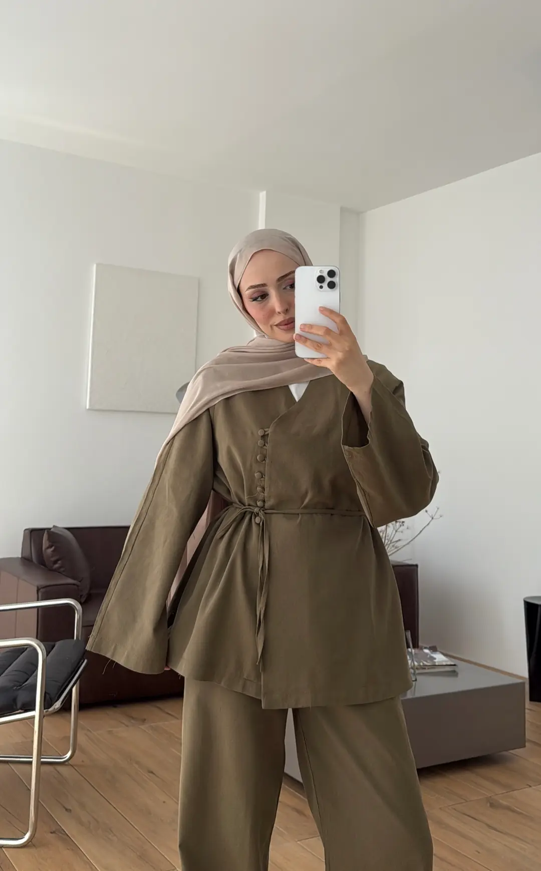 Sık Düğmeli Keten Takım Haki