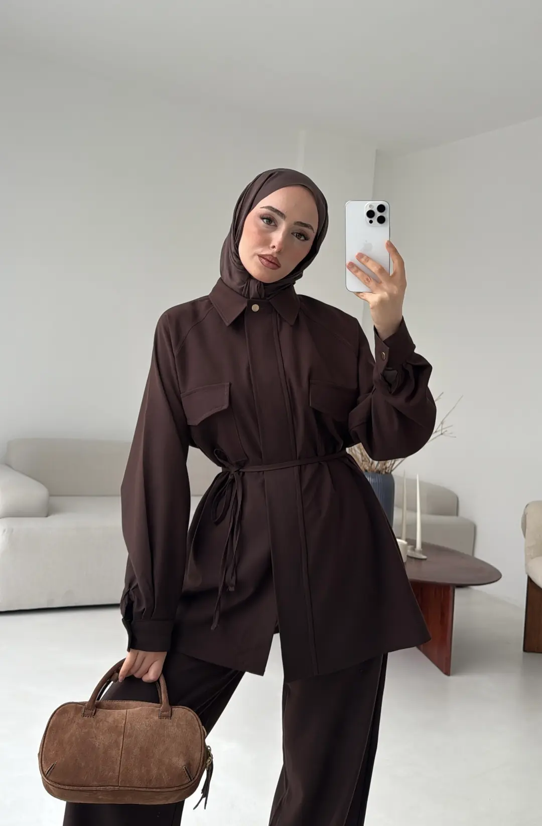 Bağcıklı Bluz Pantolon Takım Kahve