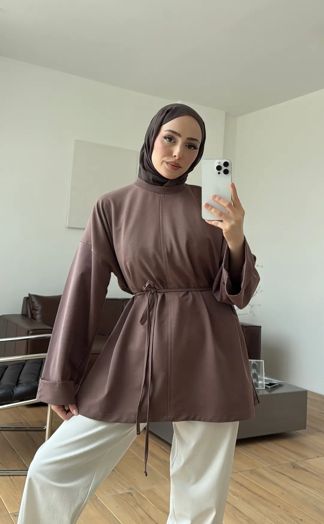 Bağlamalı Yanı Yırtmaç Detay Sweat Sütlü Kahve