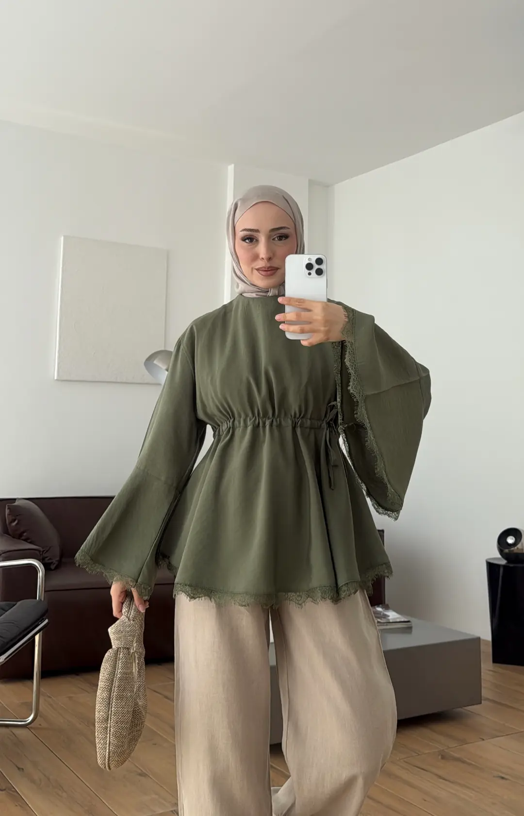 Lace Bel Detay Tunik Haki