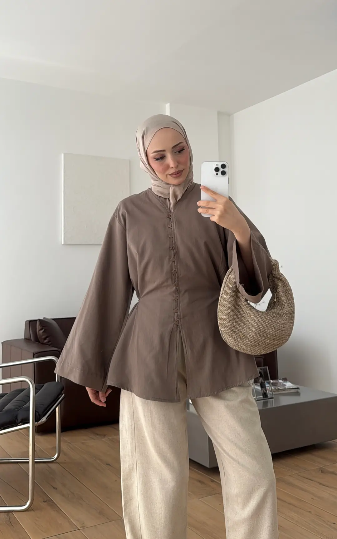 Vual Düğmeli Gömlek Vizon