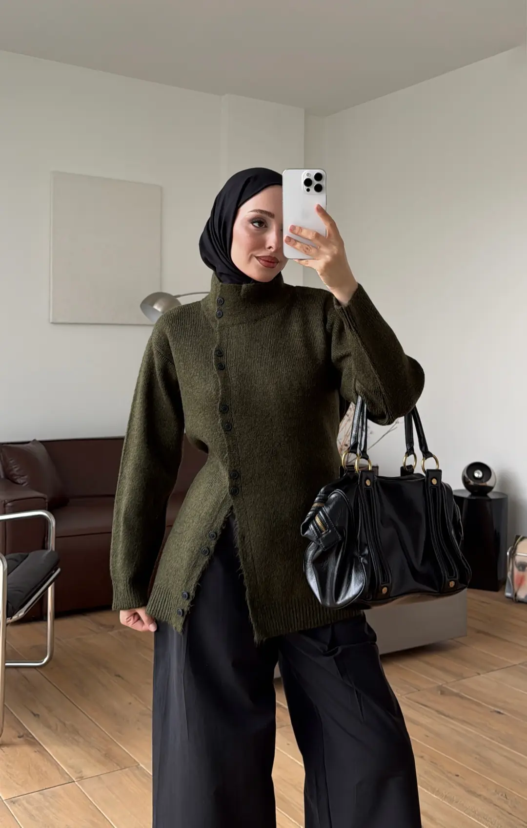 Yan Düğmeli Triko Hırka Haki