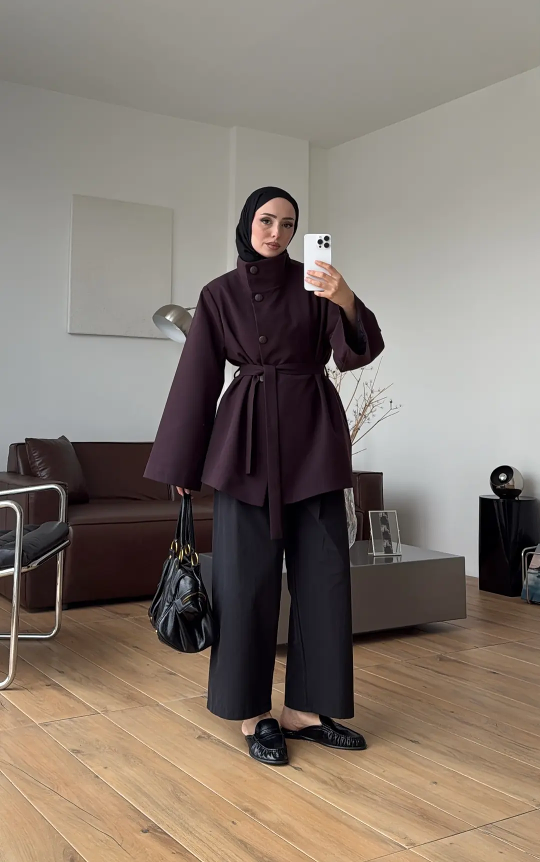 Geniş Kol Kuşaklı Ceket Mürdüm