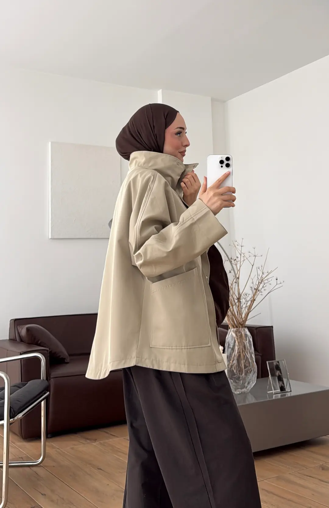 Çıtçıtlı Cep Detay Trenç Koyu Bej