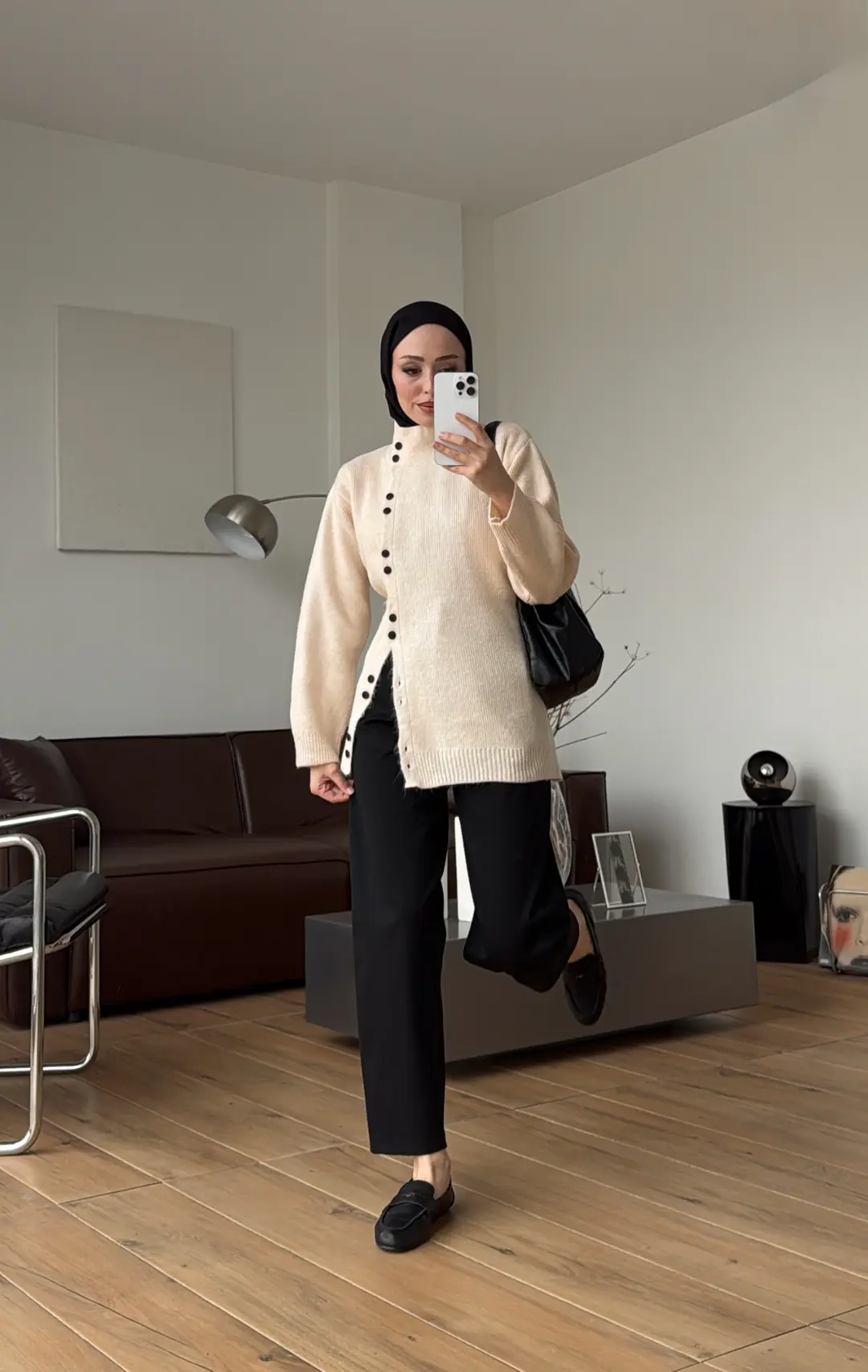 Yan Düğmeli Triko Hırka Bej