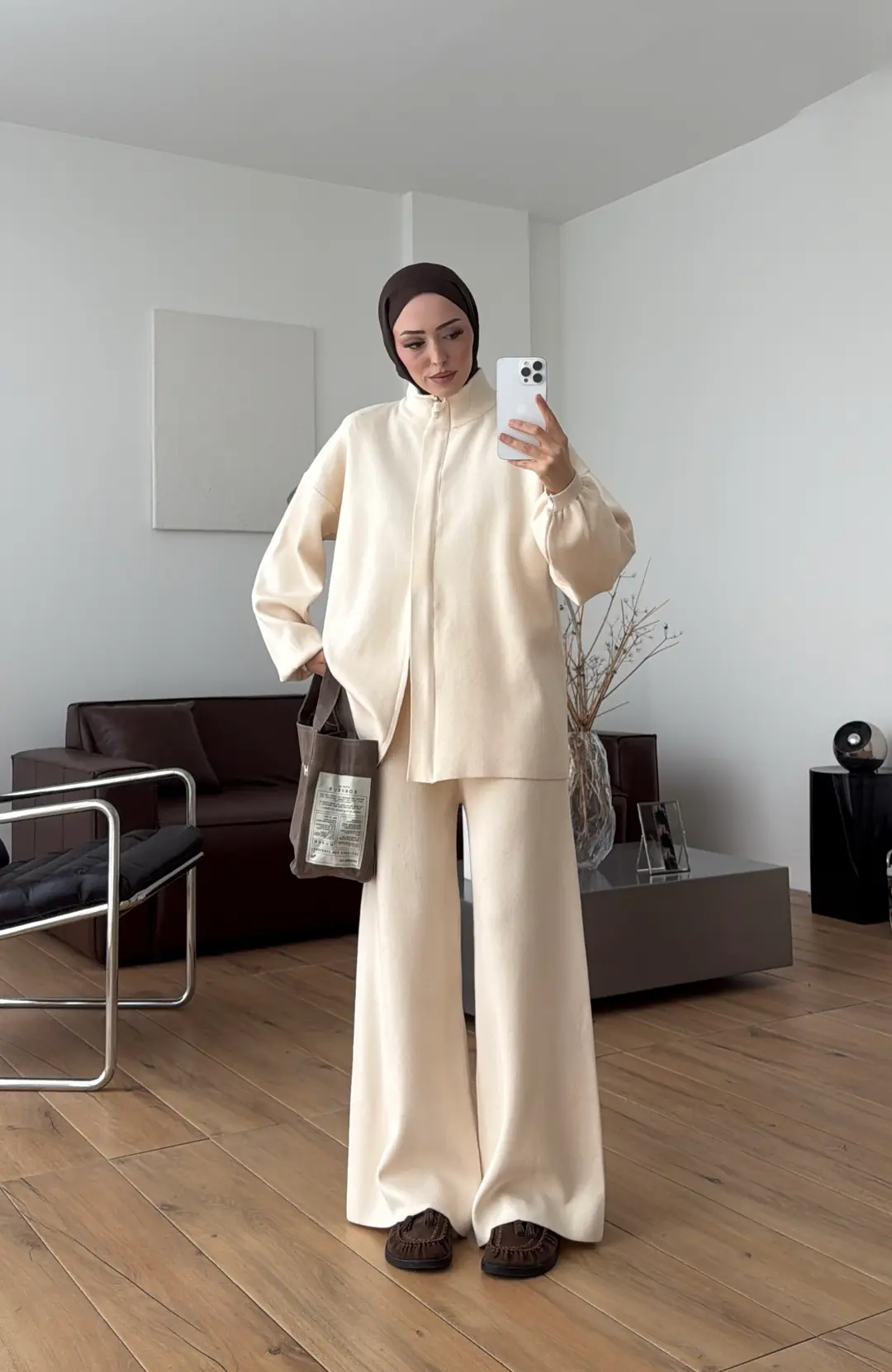 Çift Fermuarlı Tok Kumaş Triko Takım Krem