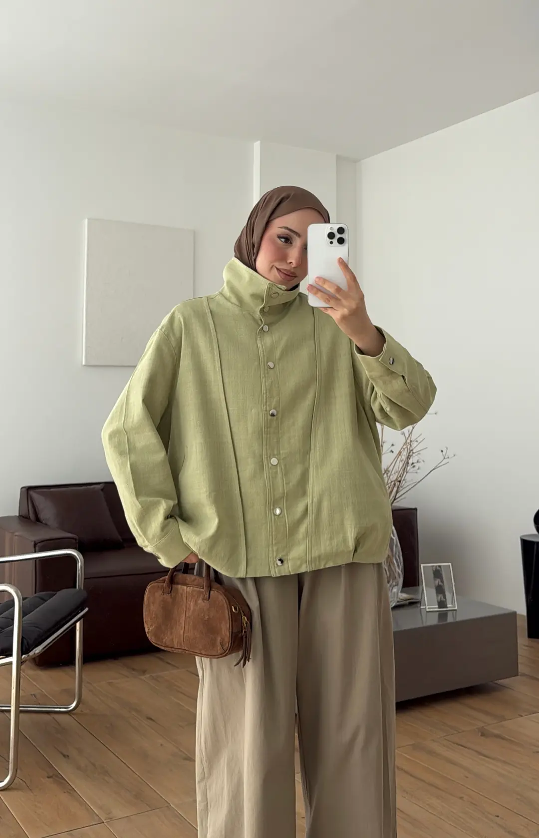 Keten Bomber Ceket Açık Yeşil
