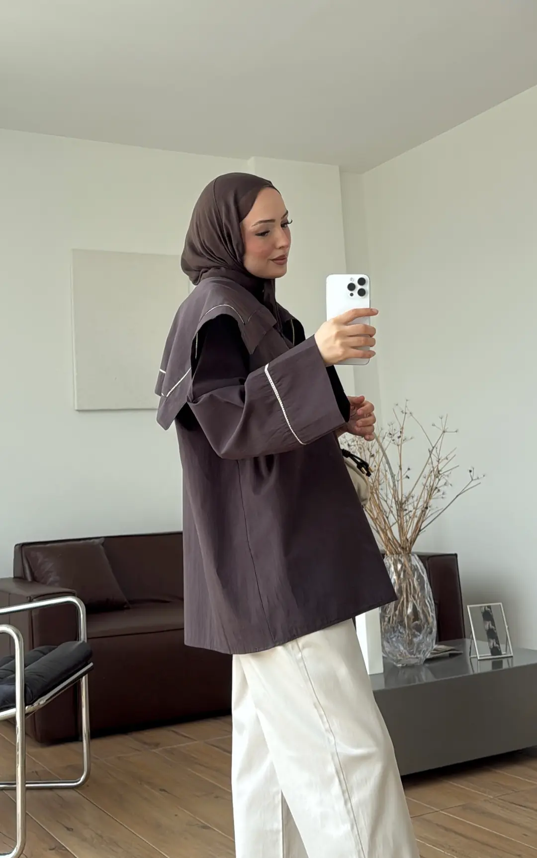 Biye Bağcıklı Dantelli Tunik Kahve