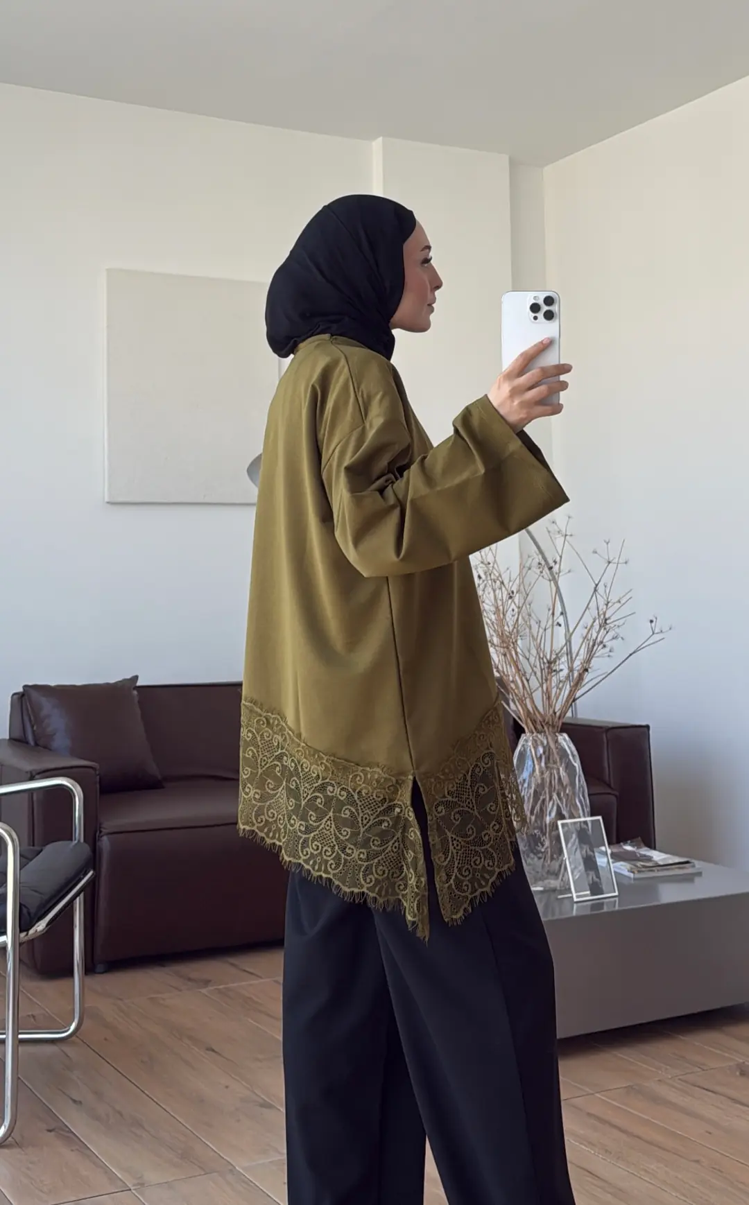 Eteği Dantel Detay Sweat Olive