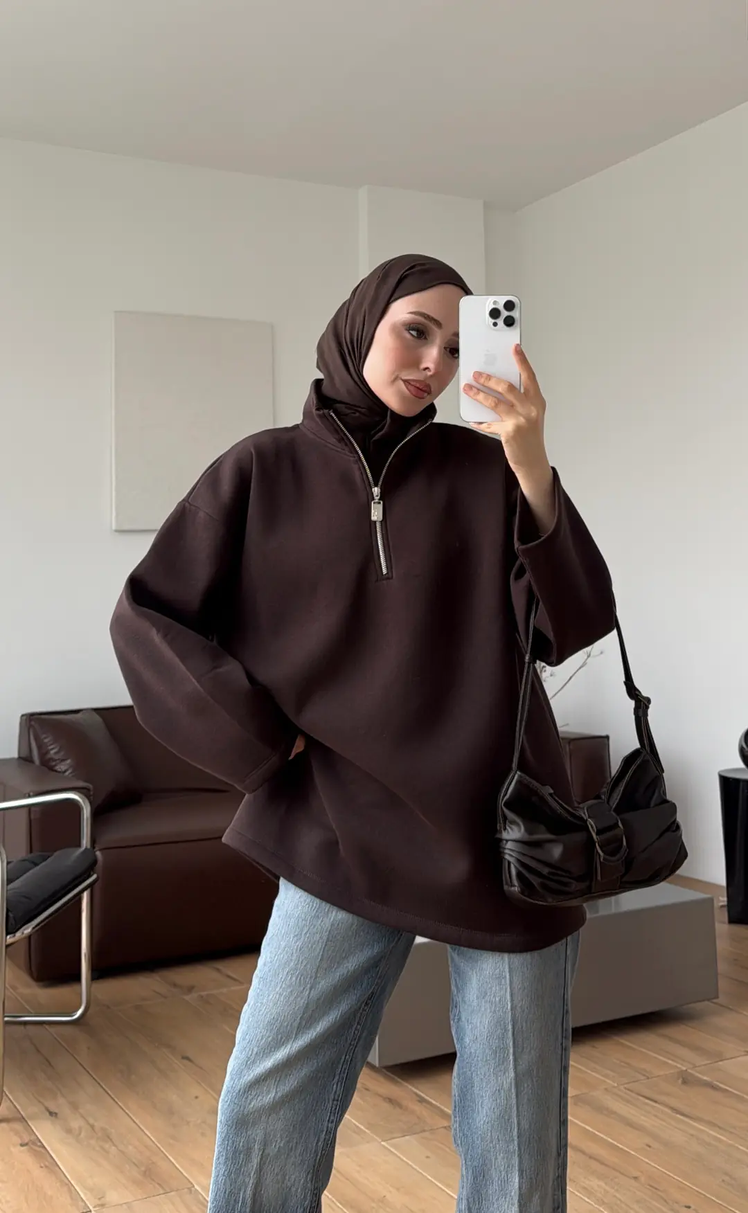 Yarım Fermuarlı Sweatshırt Kahve