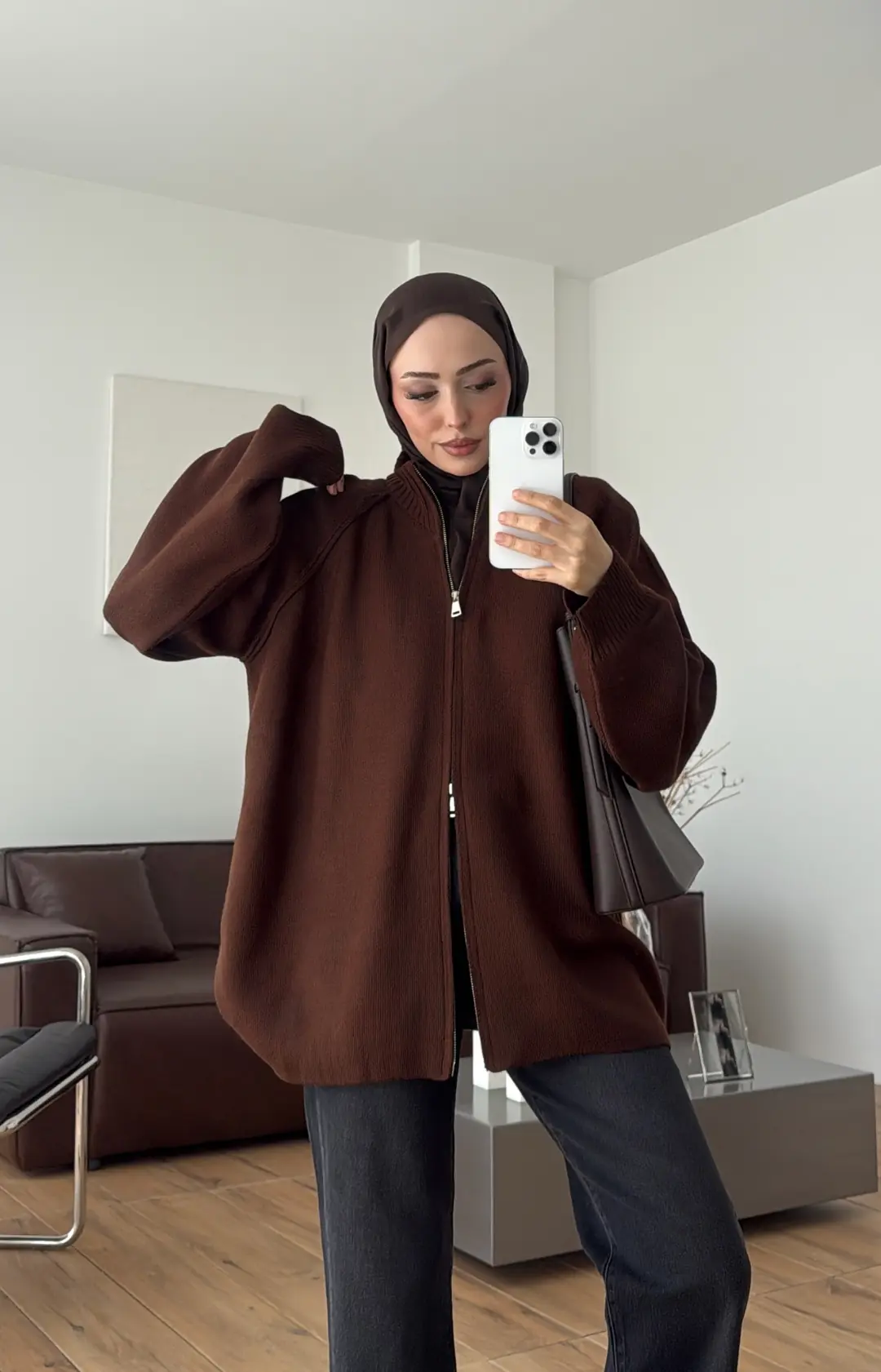 Çift Fermuarlı Triko Hırka Kahve