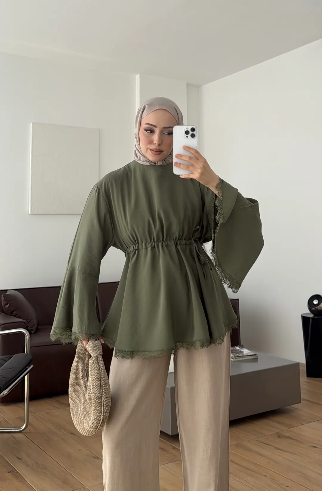 Lace Bel Detay Tunik Haki