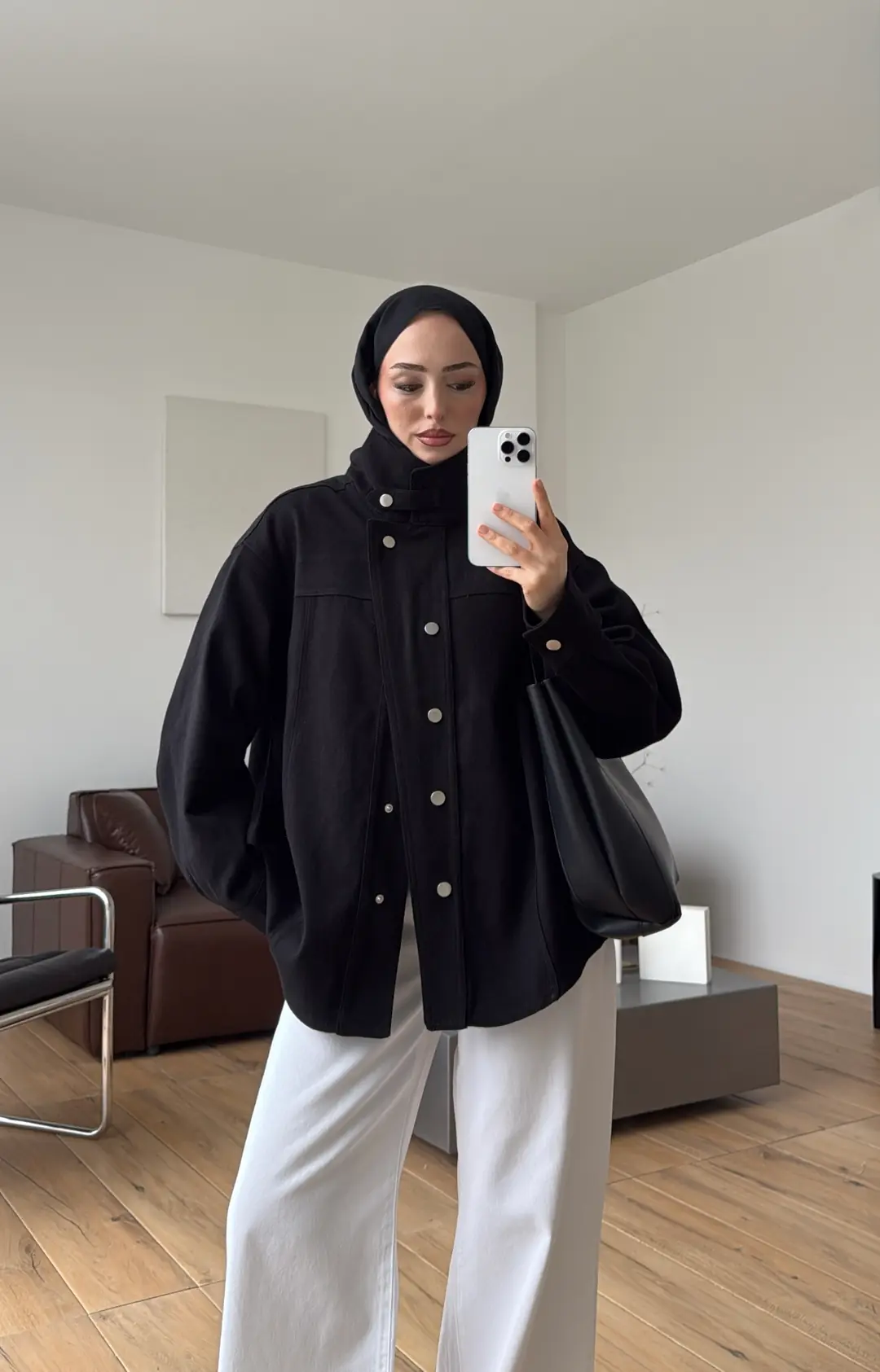 Dik Yaka Çıtçıtlı Gabardin Ceket Siyah