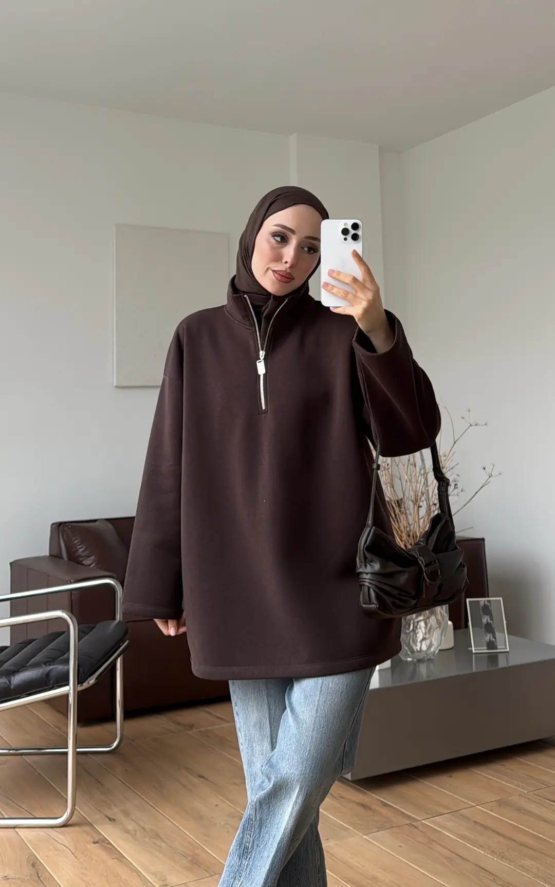 Yarım Fermuarlı Sweatshırt Kahve