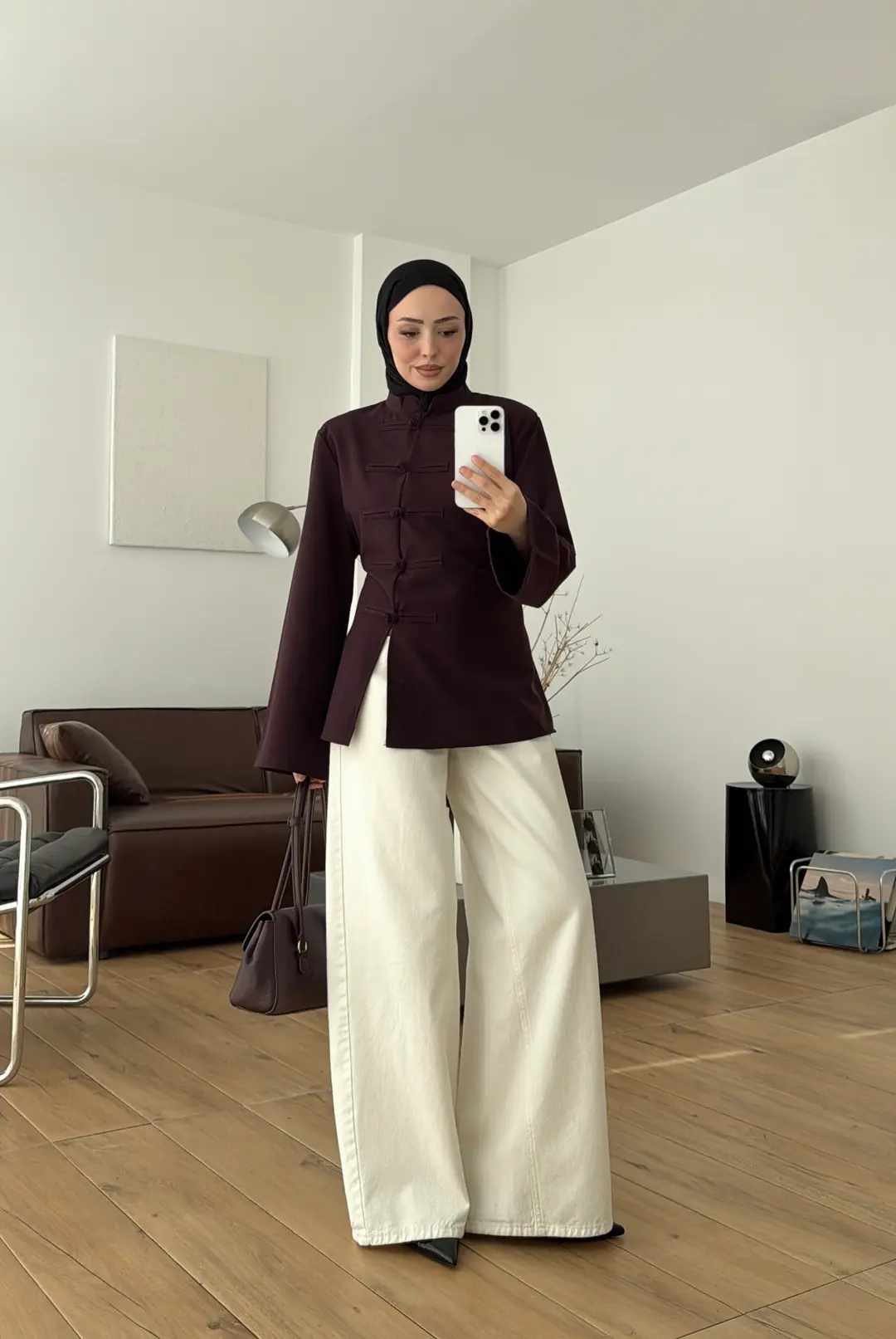  Tok Kumaş Süslü Düğmeli Bluz Mürdüm