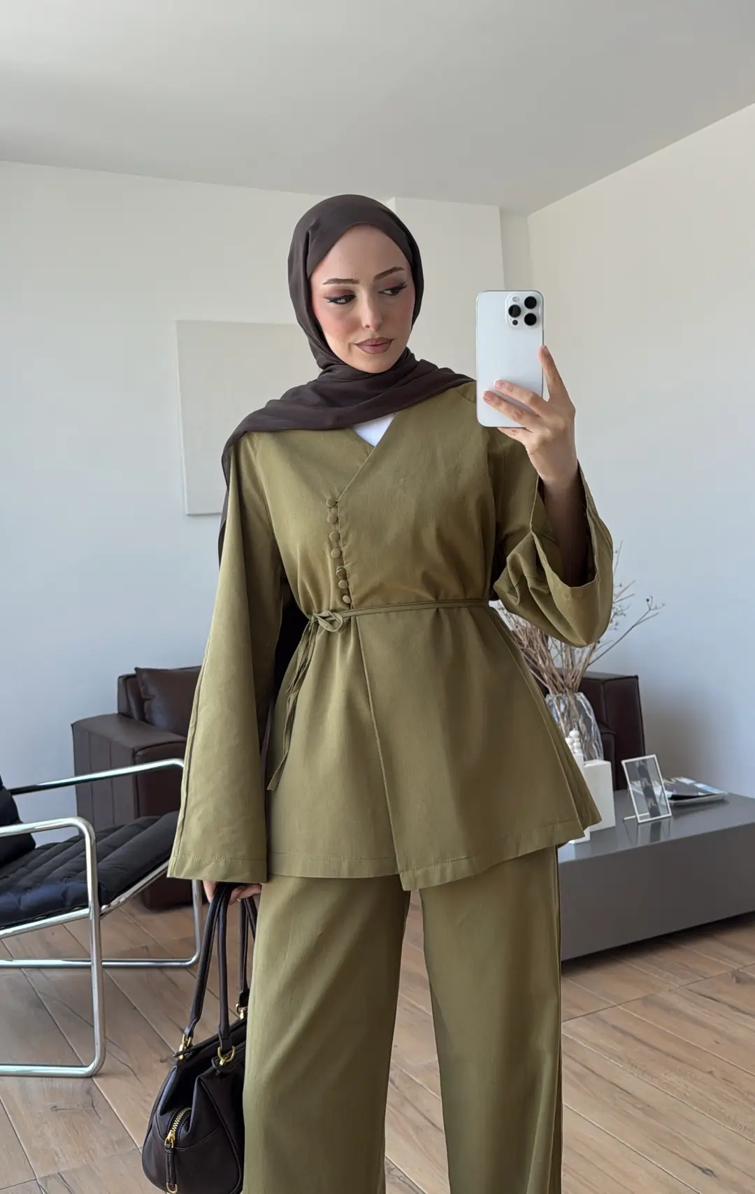 Sık Düğmeli Keten Takım Olive