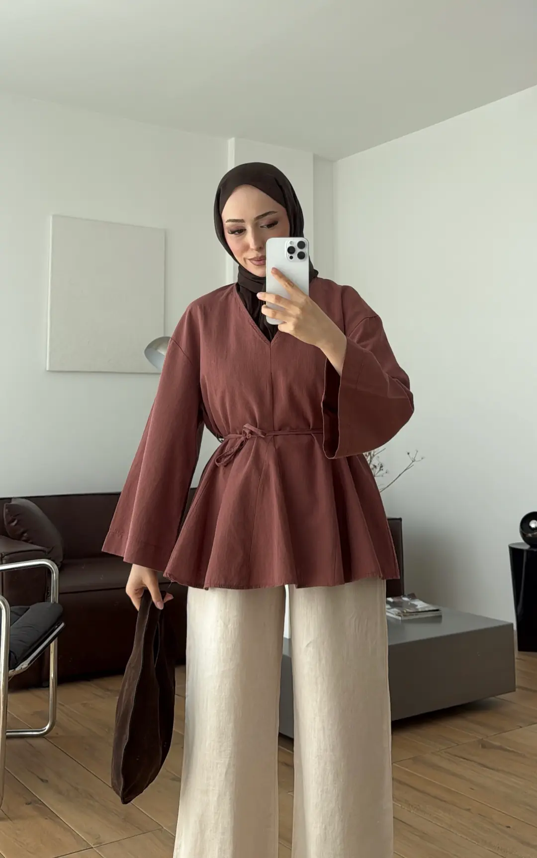 Volanlı Belden İpli Tunik Kiremit